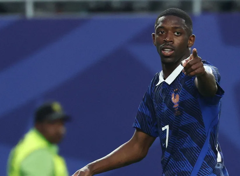 Ousmane Dembele celebrates his first World Cup goal for France against Iraq