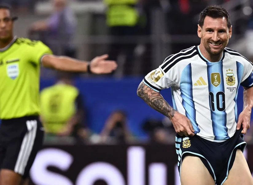 Lionel Messi celebrating a goal for Argentina at the 2026 World Cup against Austria