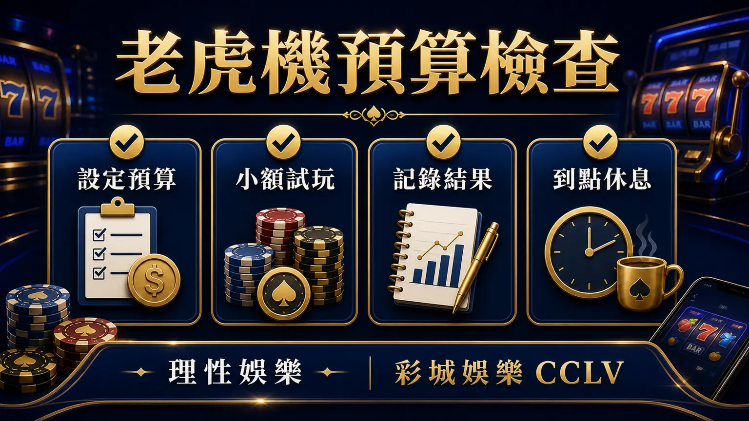 老虎機預算檢查圖，包含設定預算、小額試玩、記錄結果與到點休息