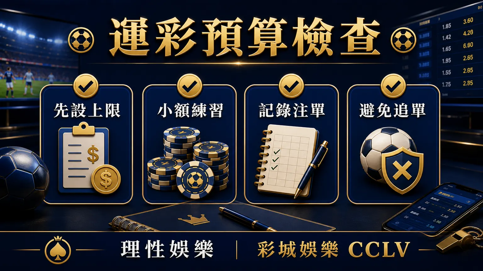運彩預算檢查圖，包含先設上限、小額練習、記錄注單與避免追單