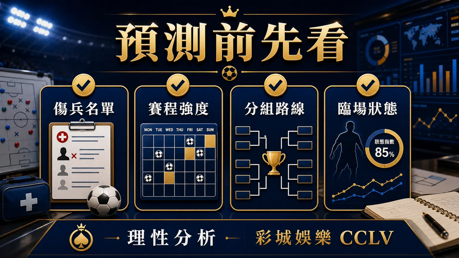 世界盃預測前先看圖，包含傷兵名單、賽程強度、分組路線與臨場狀態